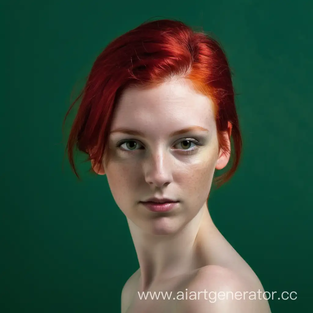 Голова молодой женщины  с рыжими волосами на темно зеленом фоне