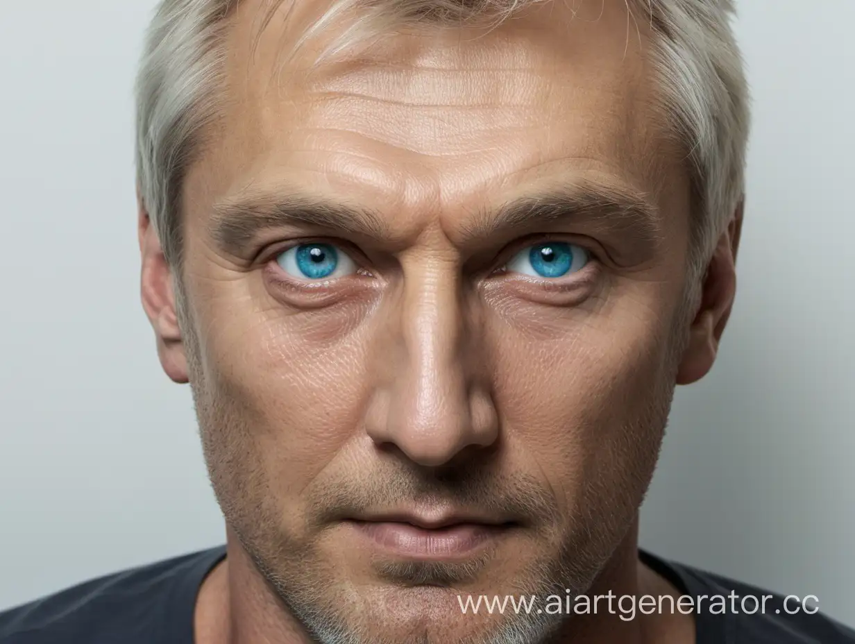 Лицо русского голубоглазого и светловолосого мужчины 45 лет, смотрящего прямо в камеру
