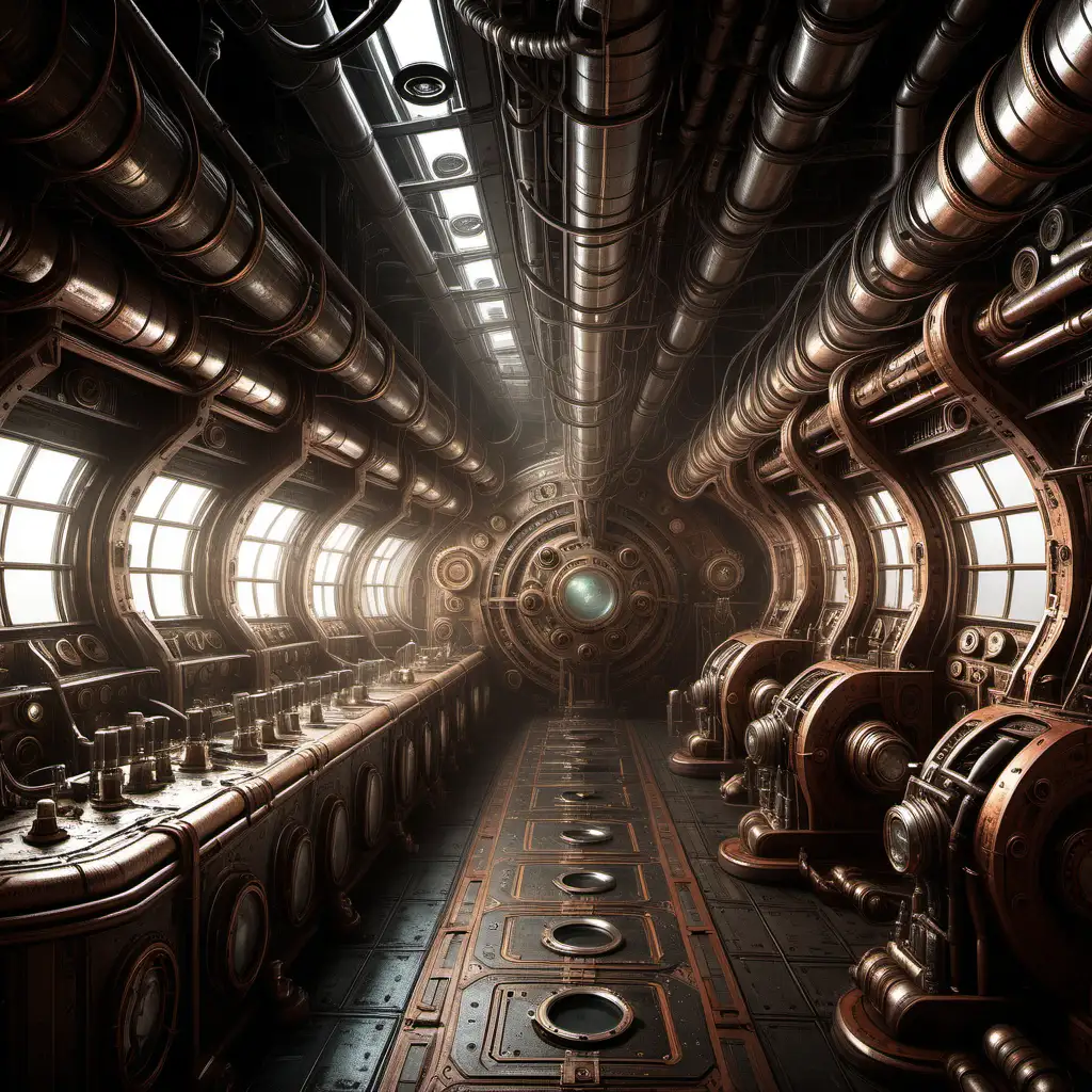 Steampunk Spaceship Engine Room with Gritty Industrial Aesthetics