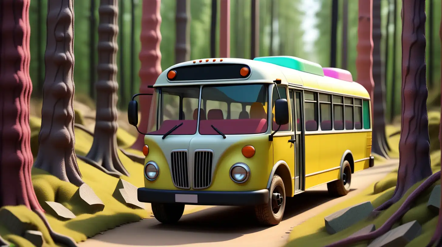 Colorful Forest Adventure Vibrant Bus Journey with Passengers