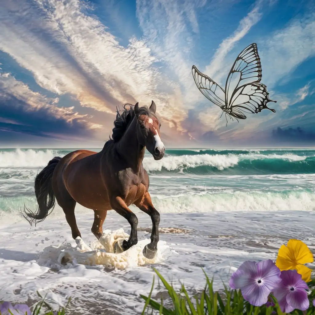beautiful horse running on the beach, colorful cloudy sunny sky, crashing waves and beautiful beach flowrers with a detailed wing butterfly in the sky