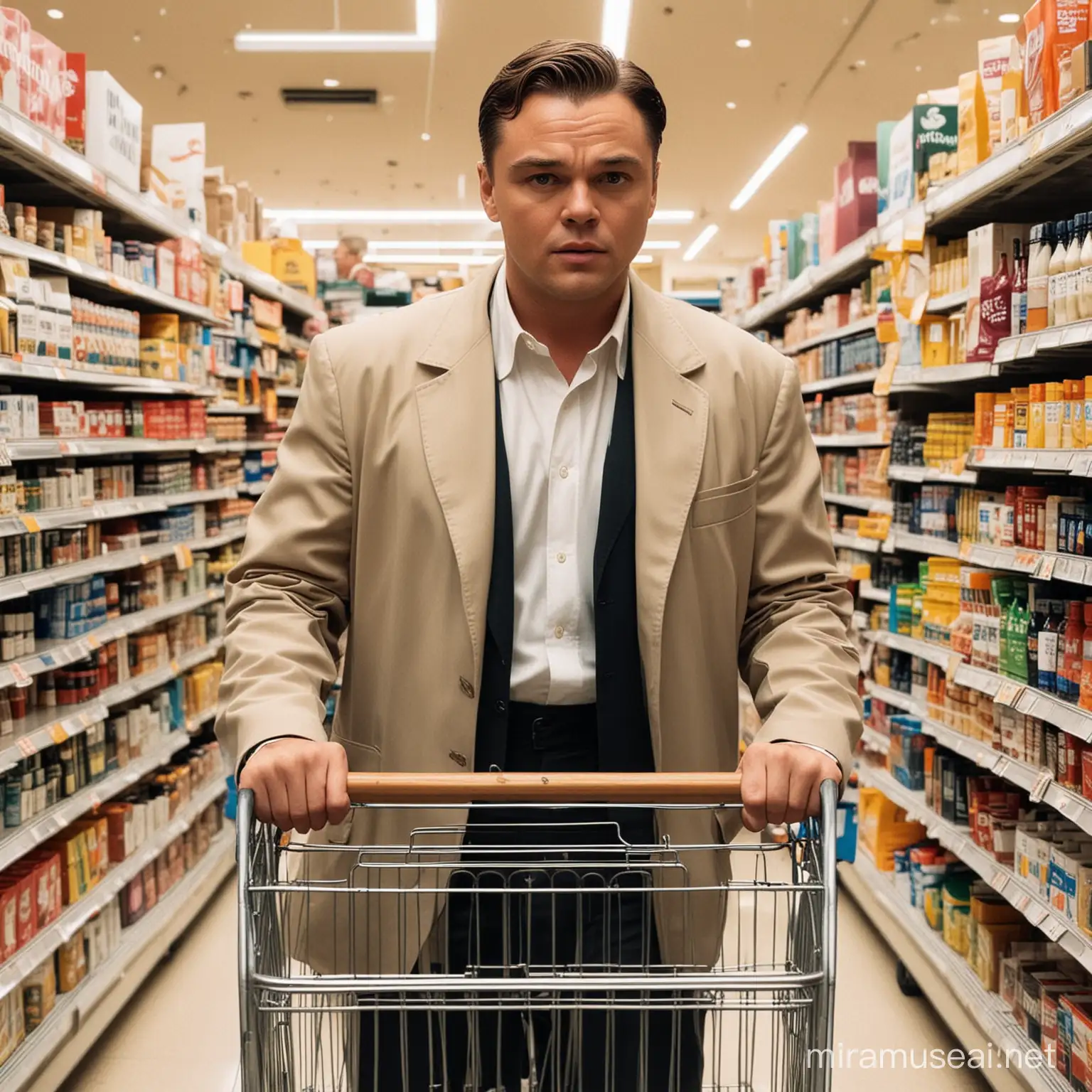"catch me if you can" movie character leonardo di caprio in grocery store with a smart phone in one hand and shopping trolley in front of him; instagram; no text ​