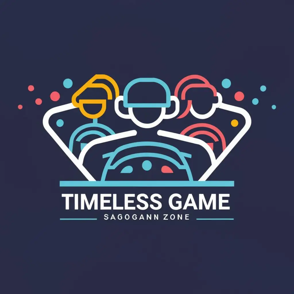 logo, Young People driving virtual vehicles 
(colours ,white, red and blue 
Young People enjoying the VR. 
, with the text "Timeless Game Zone,   acronymn TMG", typography, be used in Automotive industry