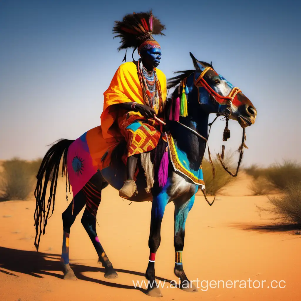 Шаман африканского племени, раскрашенный в яркие цвета на лошади по среди пустыни