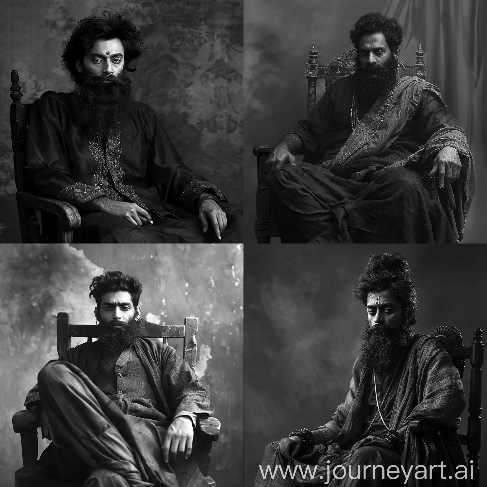 Harry Potter as a Bengali actor, Satyajit Ray film apur songsar film hero, wear a Bengali style Punjabi, black and white, full beard look, sitting a old chair, ultra realistic,8k
