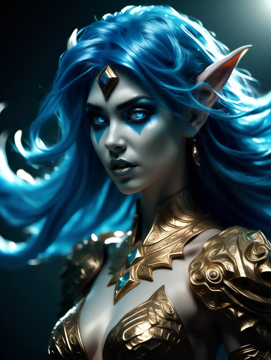 Keep all details 8k enhances picture ‏girl with Blue hair, Wolfcut hairstyle, Ocean queen, majestic, detailed magical diamond blue eyes, hypnotising eyes, Golden dress, Sharp Tooth, octane render, realistic, mystical, mythological, powerful orc ‏strate a (((mysterious figure))) shrouded in an ethereal glow, suggesting an aura of unbreakable strength, representing the guardianship of one's reputation. The presence exudes an air of intimidation and power, conveying the gravity of reputational might as a potent force. The image evokes a fantastical blend of realism and whimsy. High resolution. High contrast. Extremely intricate details.