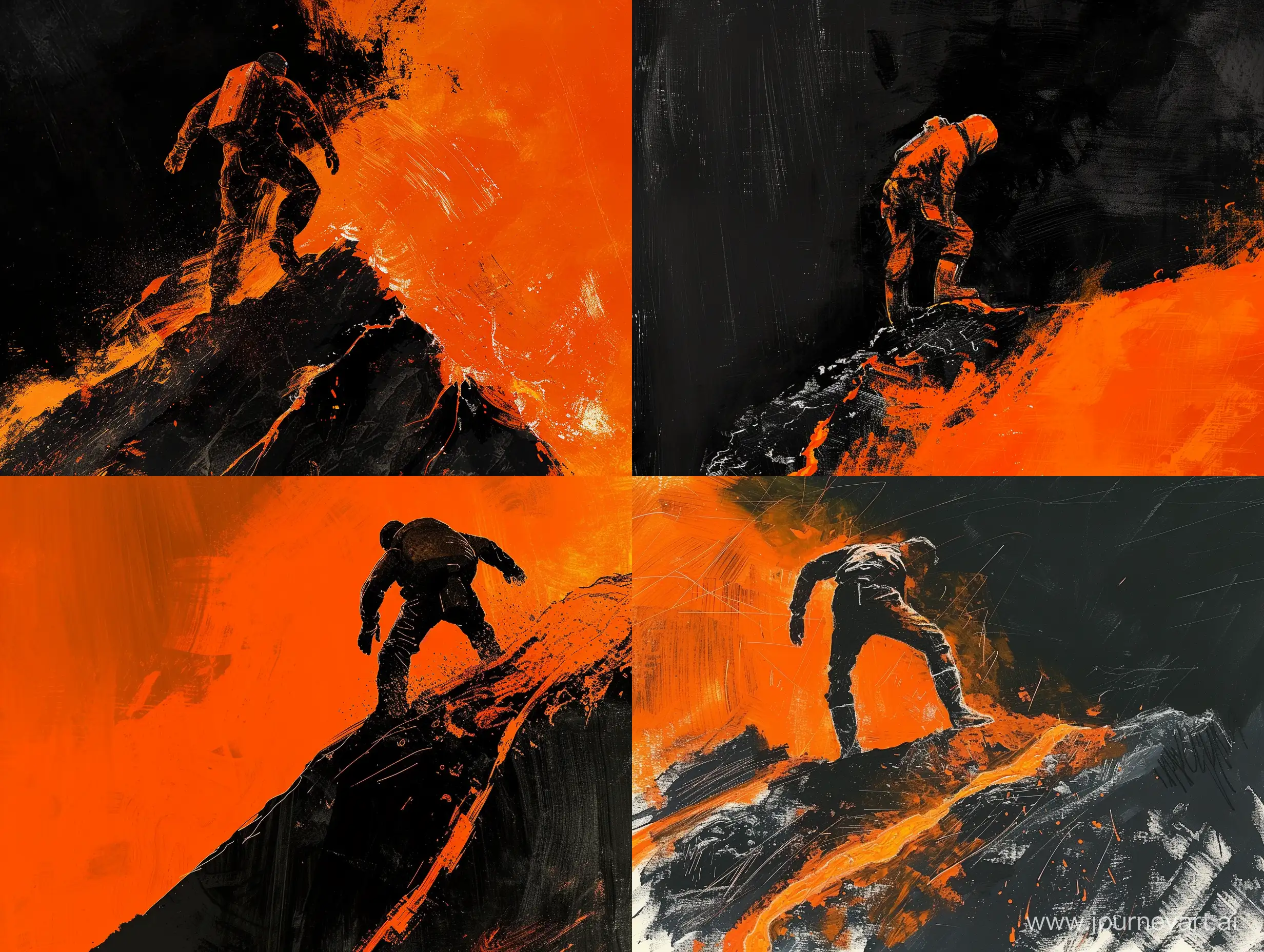 A man wearing a magma protective suit on top of a volcano approaches the magma, orange black, night time, lava orange, artistic painting, brush strokes, drawn in the style of Claude Monet