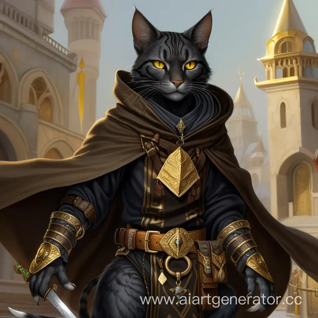 Black tabaxi with golden eyes, in a cloak with daggers and a pouch of gold on the belt