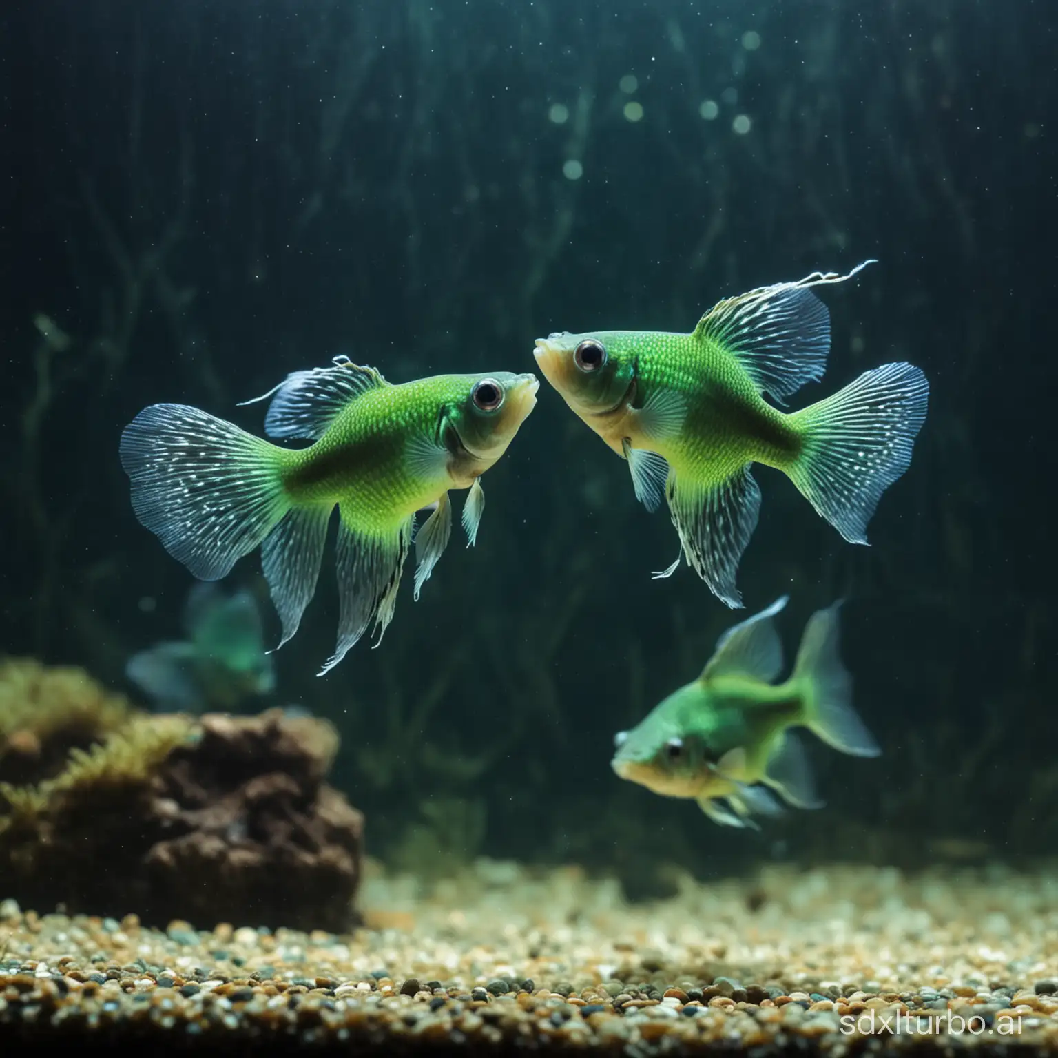 A pair of guppies. in the aquarium the rule of third composition beautiful green light