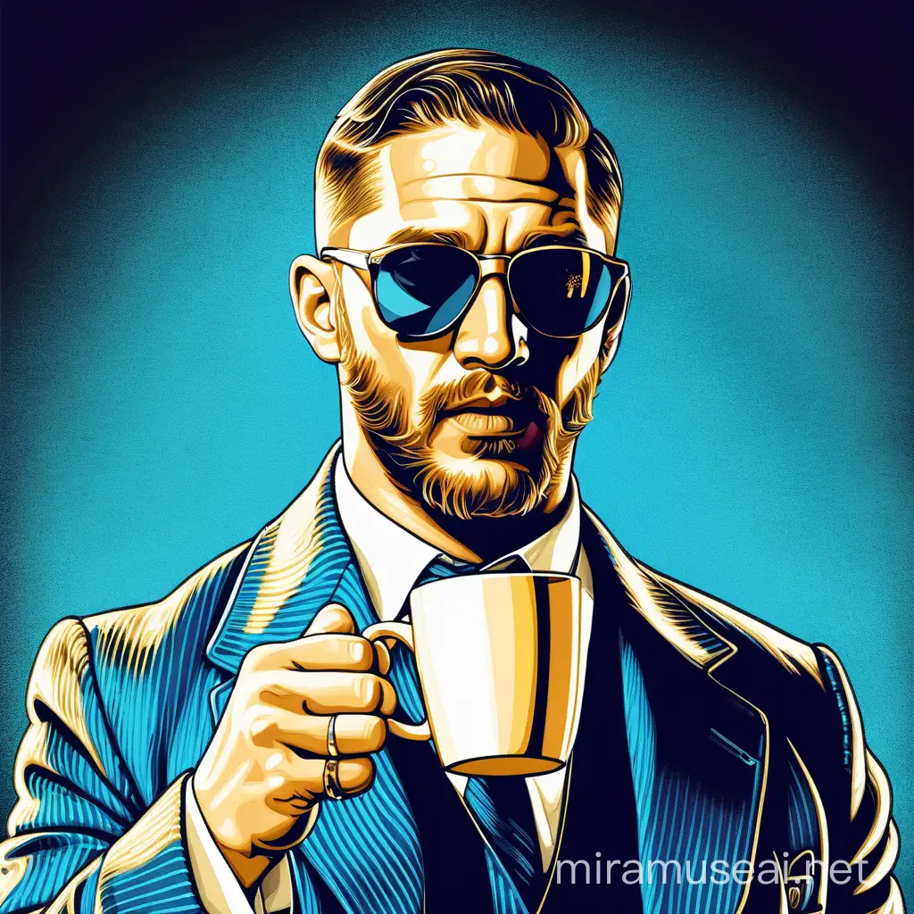 Tom Hardy, holding a coffee cup, a golden prophet, blue light aura, wearing sunglasses, retro style artwork.
