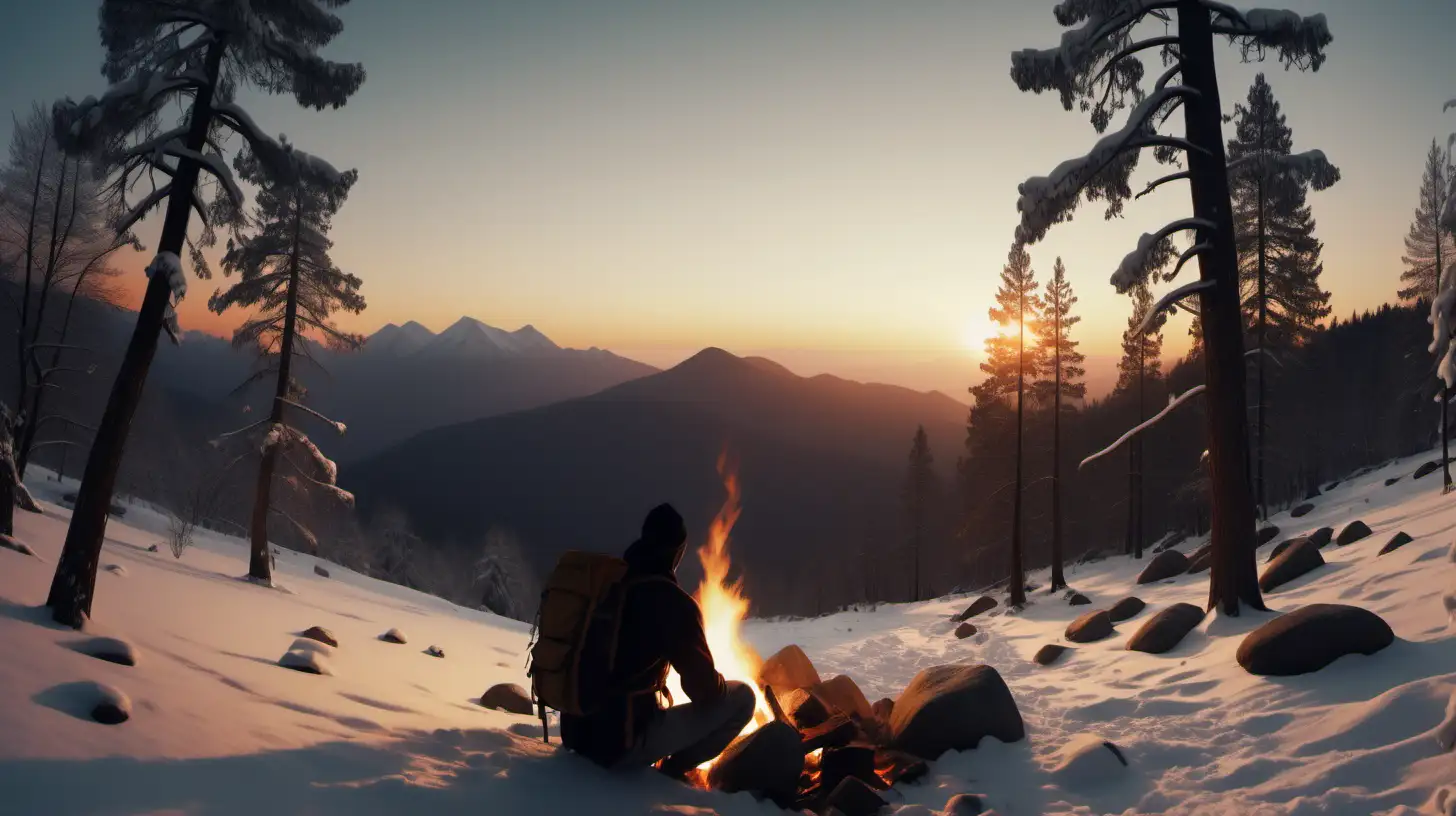 A scenic snowy mountain landscape surrounded by trees and rocks. Silhouette of a bald guy with cap and backpack in adventure clothes sits around a campfire surrounded by towering trees and panoramic views, orange sunset light, footsteps from guy, 1080f resolution, ultra 4K, high definition, volumetric light