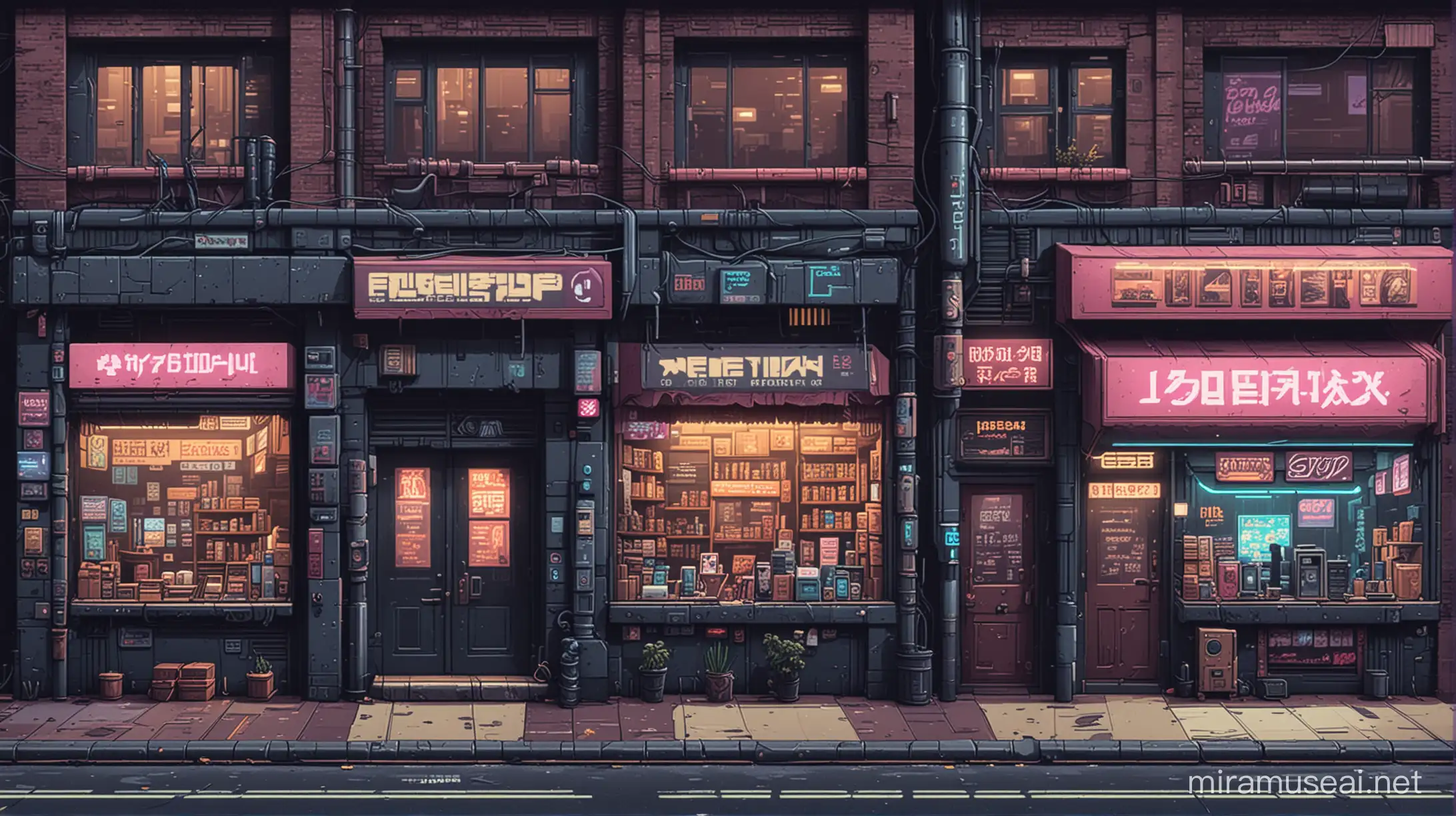 pixel art scene of cyberpunk storefronts in the style of classic platformer games like "Flashback". In the style of kirokaze.