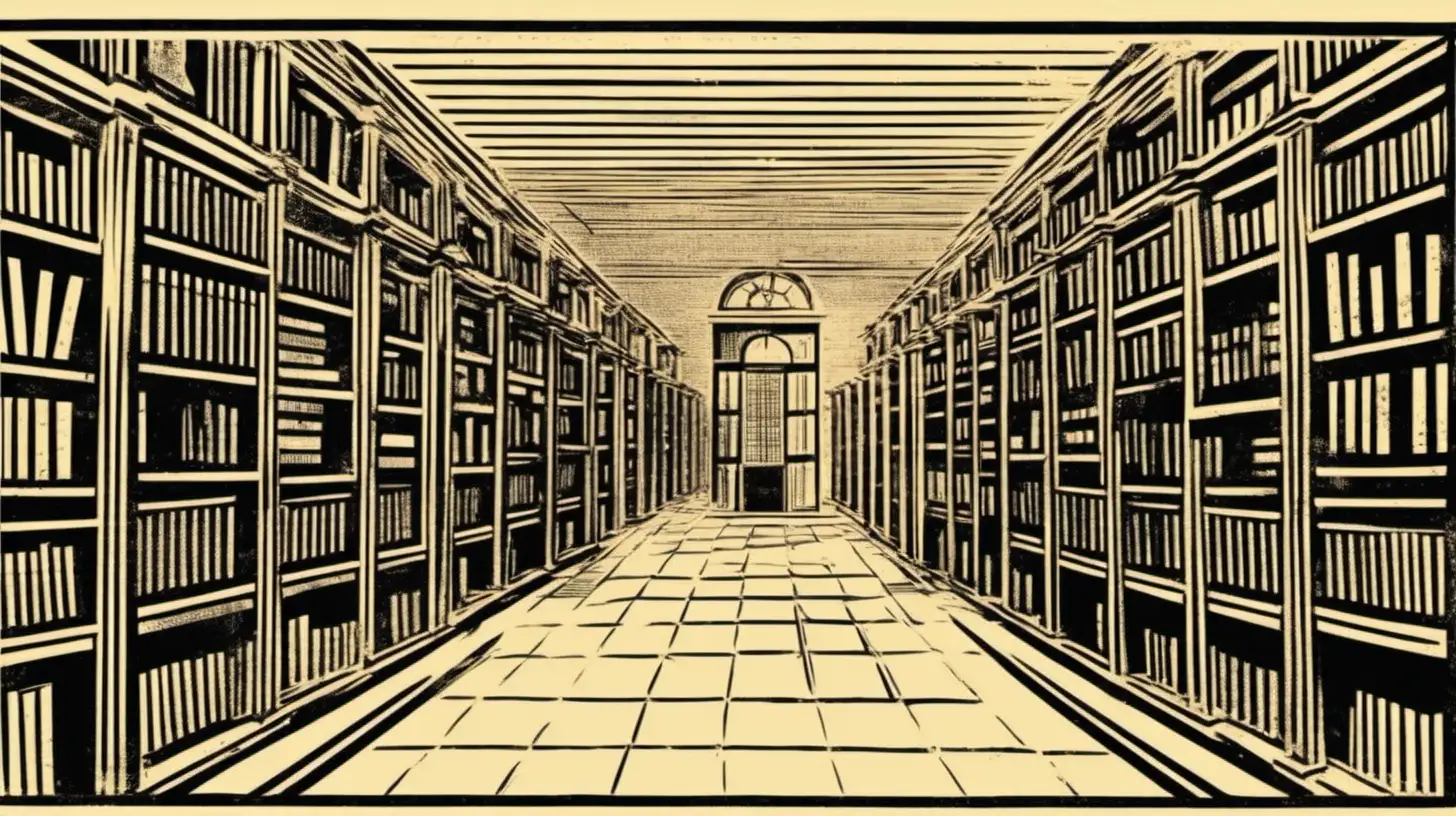 Vintage Block Print Style Library with Central Image Placeholder