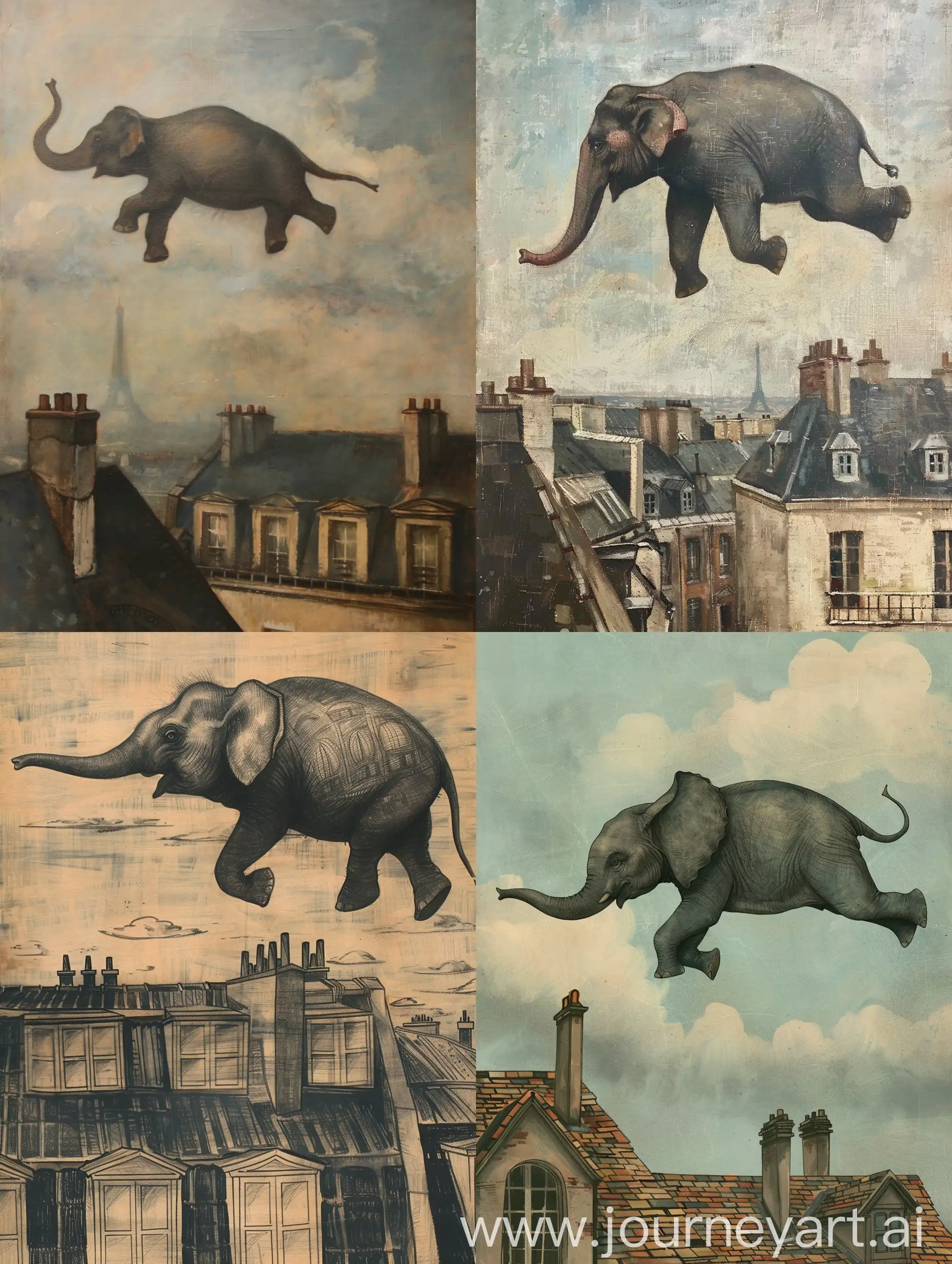 Ping elephant flies above Paris roofs. Edvard Munk style