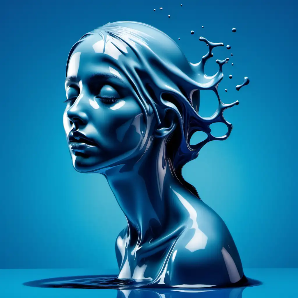 A woman’ head, bent in a fluid manner, blue background