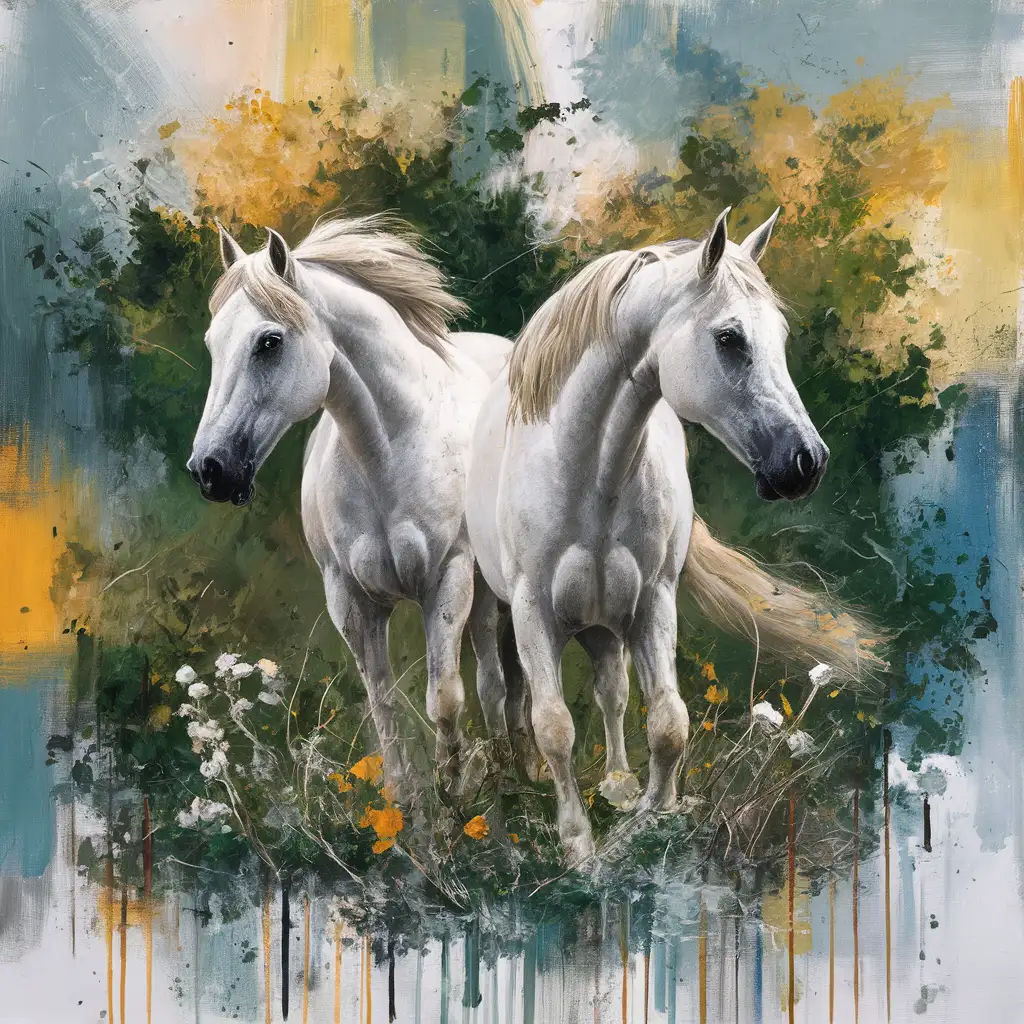 Dynamic Abstract Oil Painting of White Horses Amidst Natural Elements