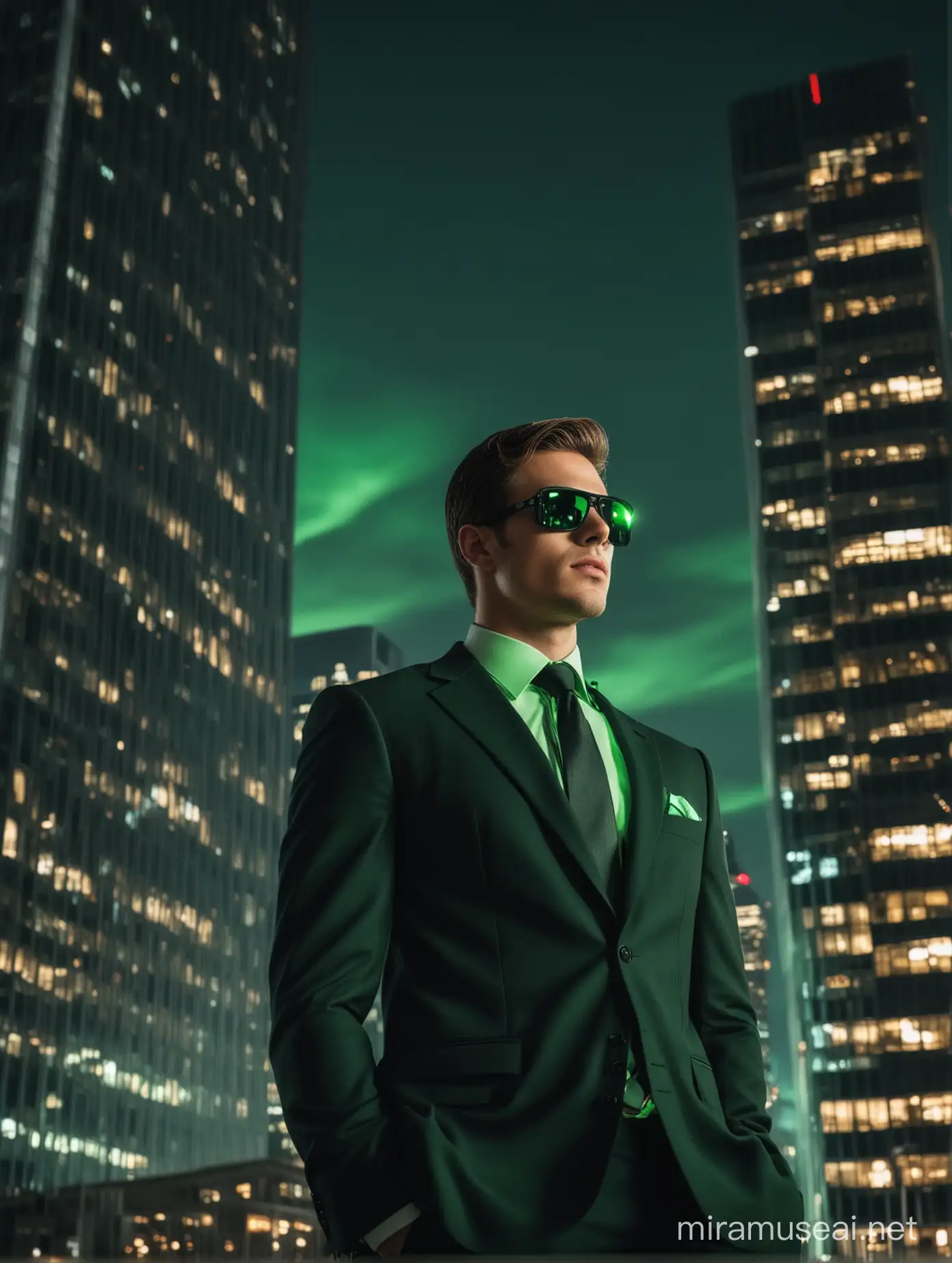 Stylish Man in Suit Amidst Illuminated Urban Skyline