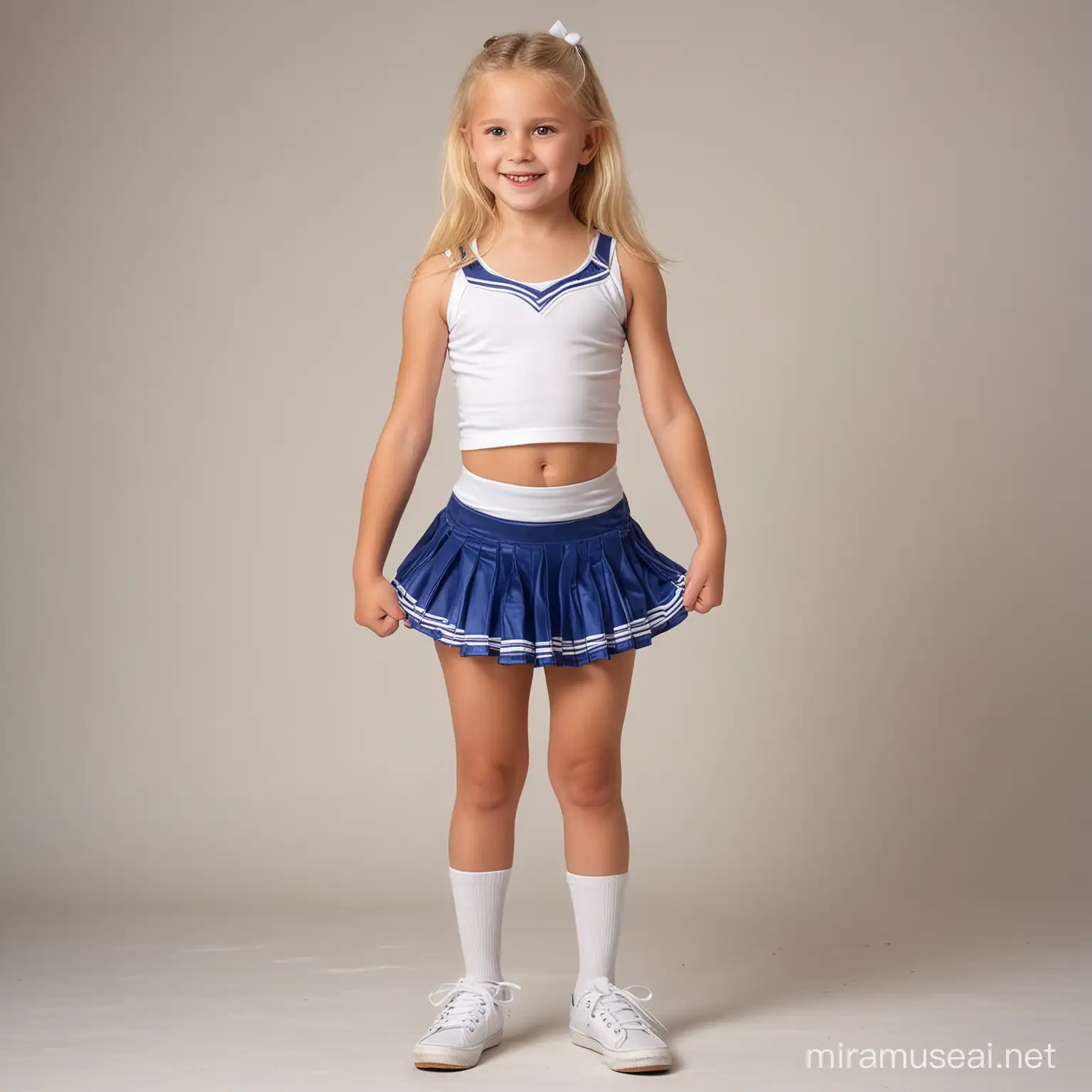8 year old blonde thin busty cheerleader white shoes micro top and cotton skirt in   side view

