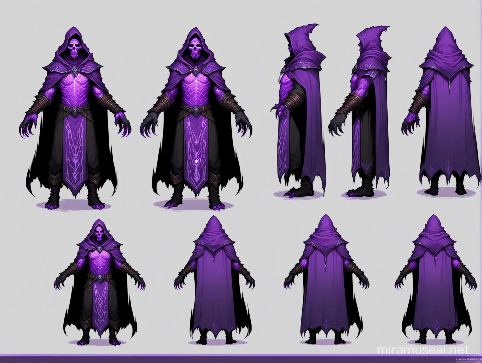 purple dwarven necromancer, black cape, full height, three quarter, oversized hands, digital painting, sheet turnaround, game art, blizzard art style, art station