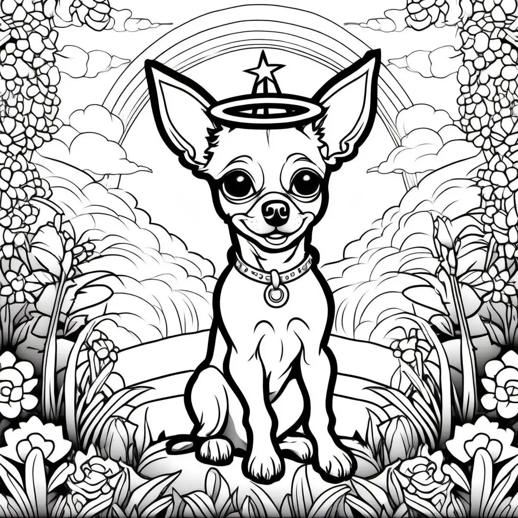 
coloring book page with a growling chihuahua dog with a halo over his head like a saint. Make the background a garden landscape background.

