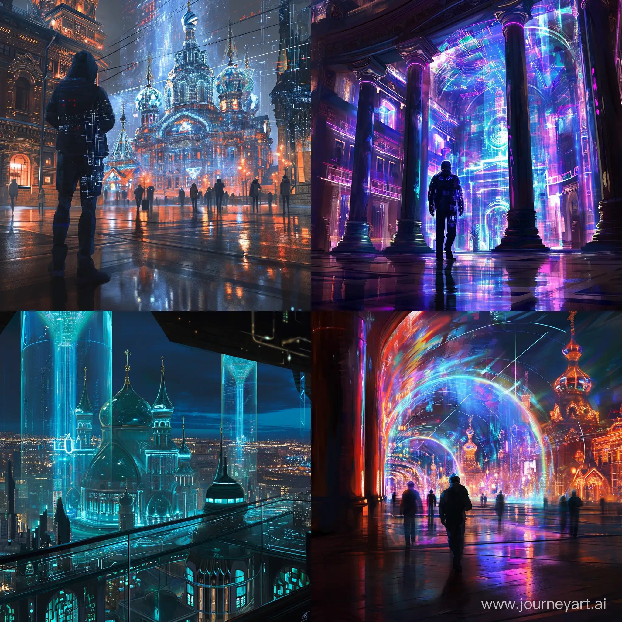 Futuristic Saint Petersburg, Tron: Legacy, holographic projections, trending on artstation, trending on DeviantArt, science fiction --v 6