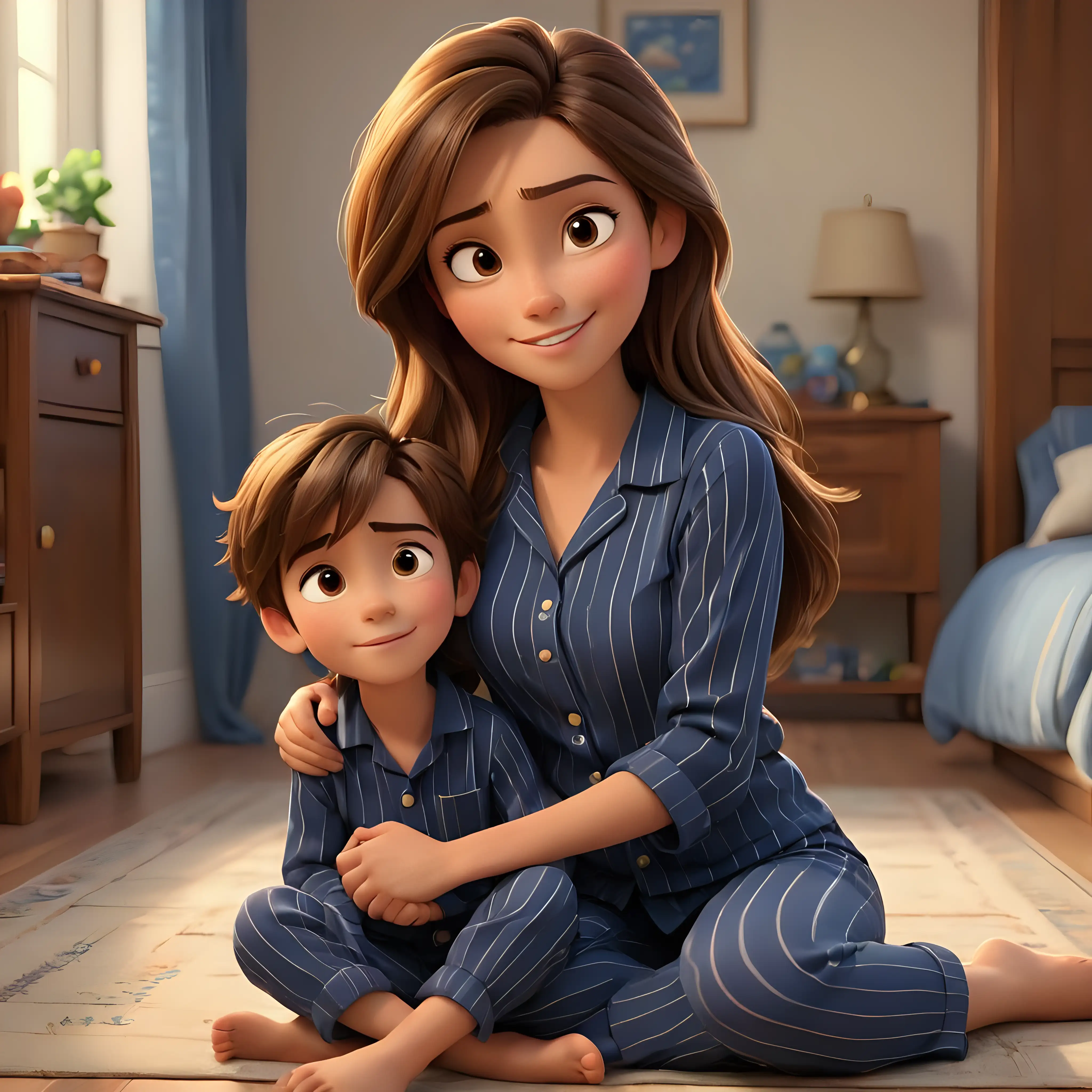 Disney pixar theme, 3d animation, beautiful mom, long straight brown hair and brown eyes, son with neat brown hair and brown eyes, mom and son looking at each other hugging, sitting happily on floor, wearing navy blue stripe pajamas