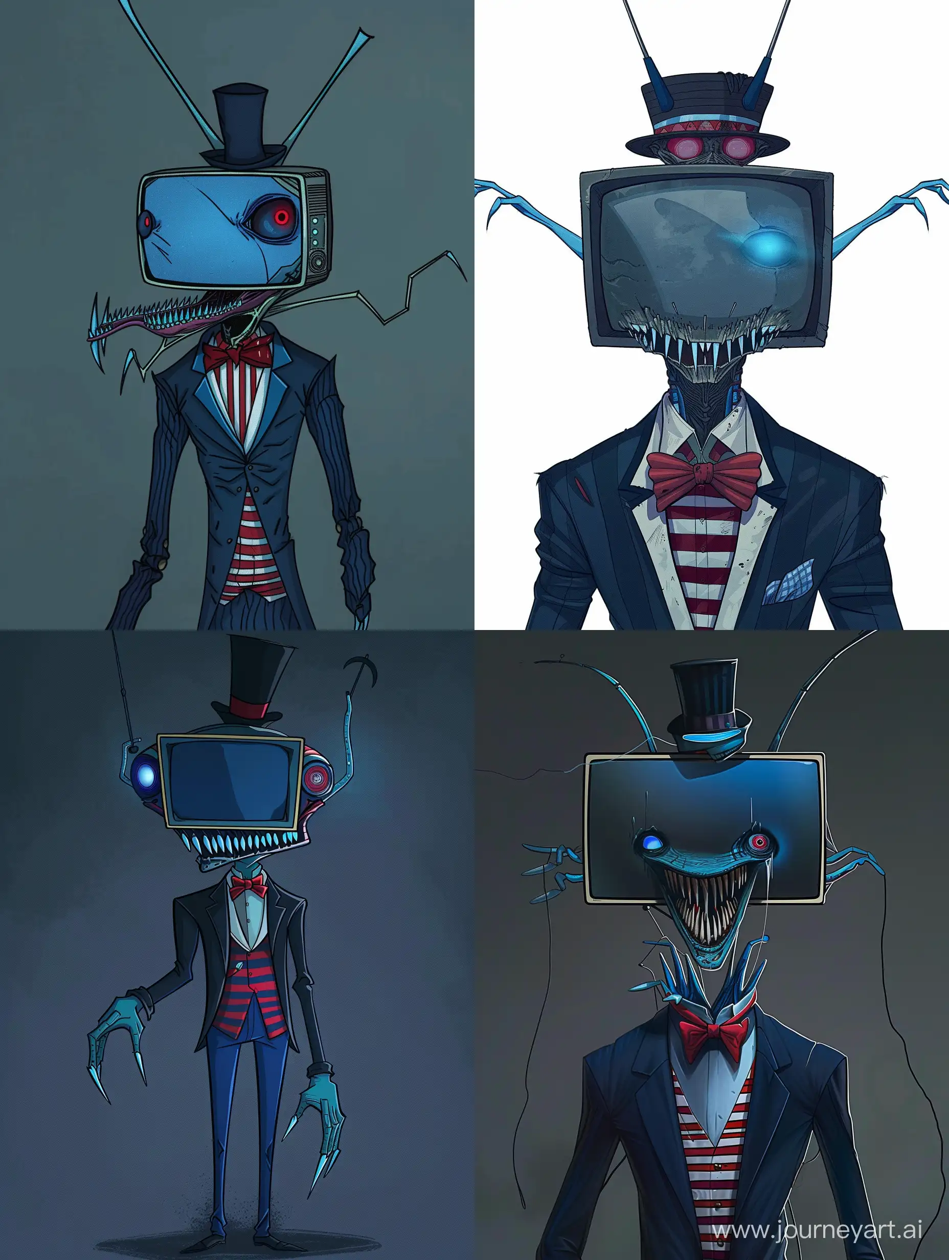 a thin and tall man with a flat-screen TV instead of a head. He has a blue mouth with sharp light blue large teeth. The eyes are red, with blue pupils. The right eye has a black outline, while the left eye has a blue outline. There are 2 antennas sticking out of the head. The skin is dark gray except for the light blue tips of the fingers. He wears a dark blue tuxedo with white stripes, a striped red and black shirt, a red bow tie and a black top hat. He wears a blue T-shirt under his jacket.
