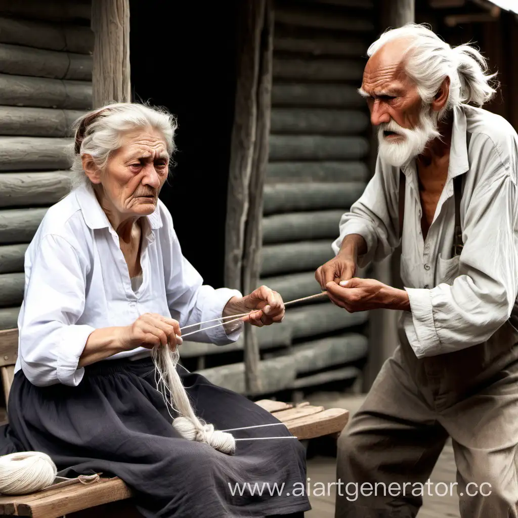 Сердитая бедная старуха прядёт пряжу прялкой на скамейке, разговаривает с бедным добрым стариком, который стоит рядом со старухой и ничего не делает, старик в белой рубашке с белой бородой, на фоне бедной деревянной землянки, дневное время