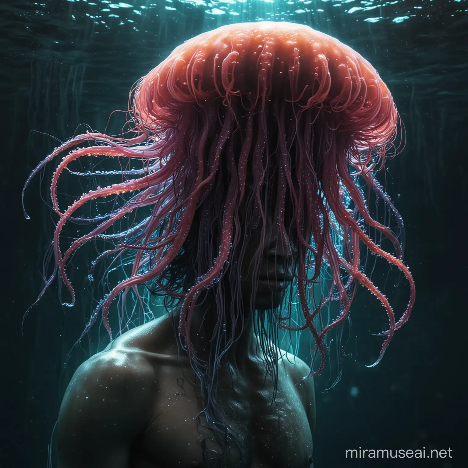 <mymodel>Evil Merman

Jellyfish with long swirling tentacles, fitted on a persons head, avatar, underwater theme, high quality, digital art, vibrant colors, glowing tentacles, detailed texture, surreal, ethereal lighting from the right