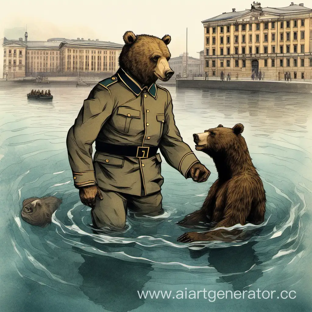 Они поймали человек в старинном мундире и привязали его спина с спиной к медведю и пустили медведя в Мойку; медведь плавает, а человек в старинном мундире на нем