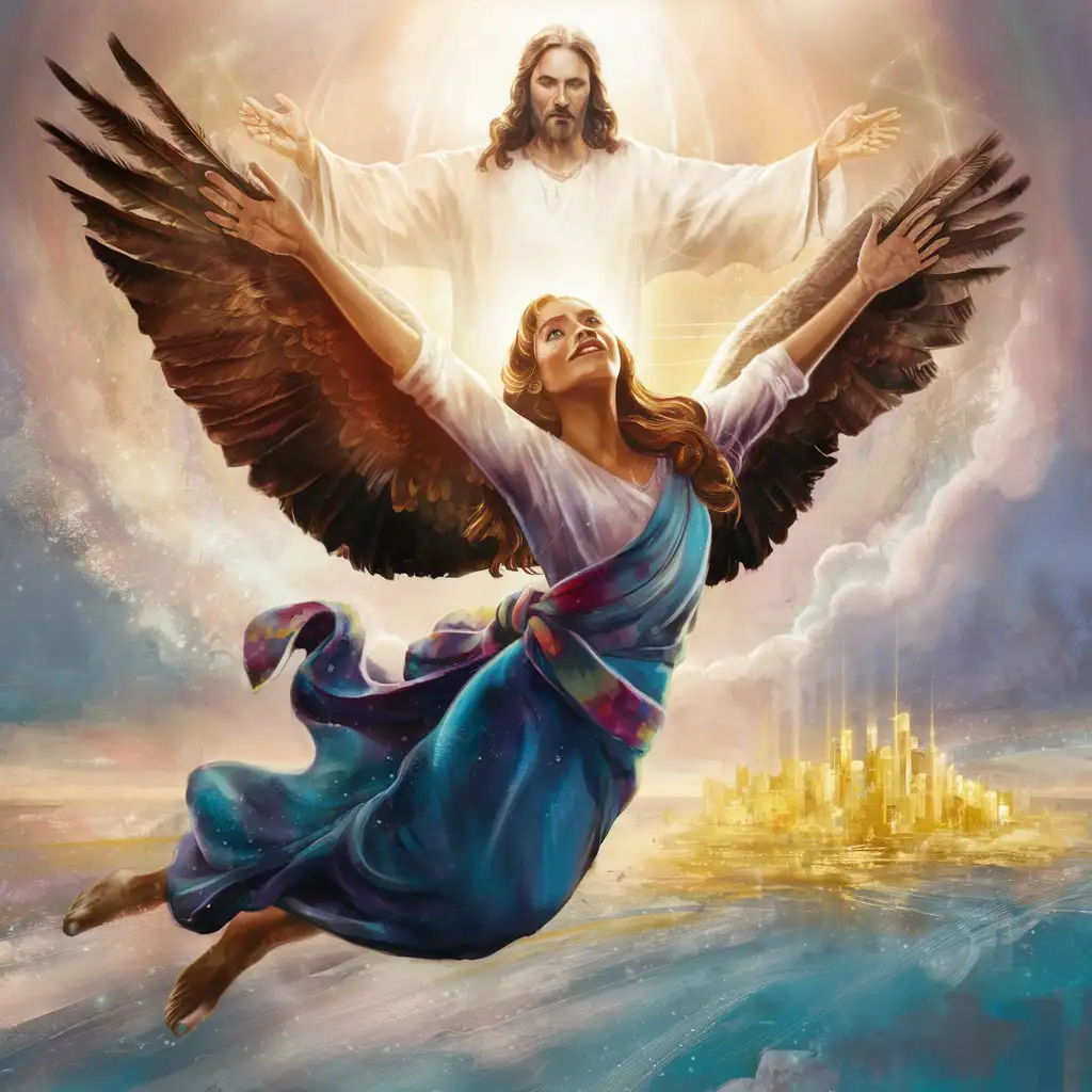 Create a majestic digital painting of a beautiful woman soaring to new heights, carried on eagles' wings by the blessings and guidance of Jesus, transcending the limitations imposed by the enemy and stepping into a realm of divine favor and destiny.