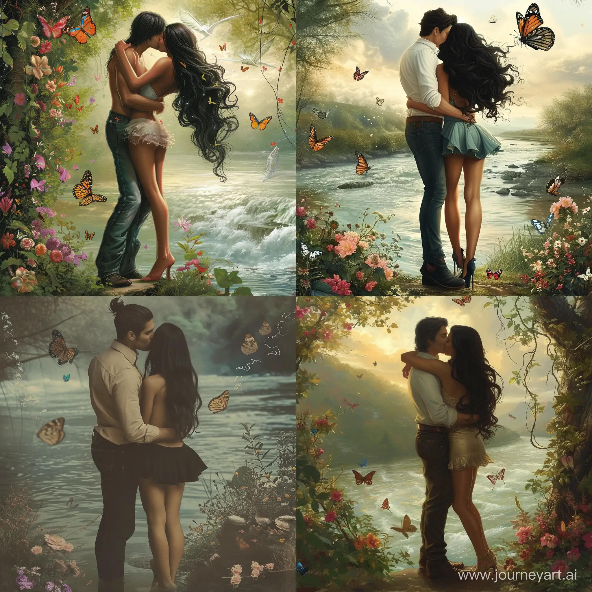 A handsome man stands by the river, kissing and embracing a beautiful enchanting woman with long, soft, black hair. She wears a short skirt, and her beautiful thighs and legs are visible. They embrace, with butterflies flying around them and beautiful flowers in a romantic scene. --v 6 --ar 1:1 --no 1368