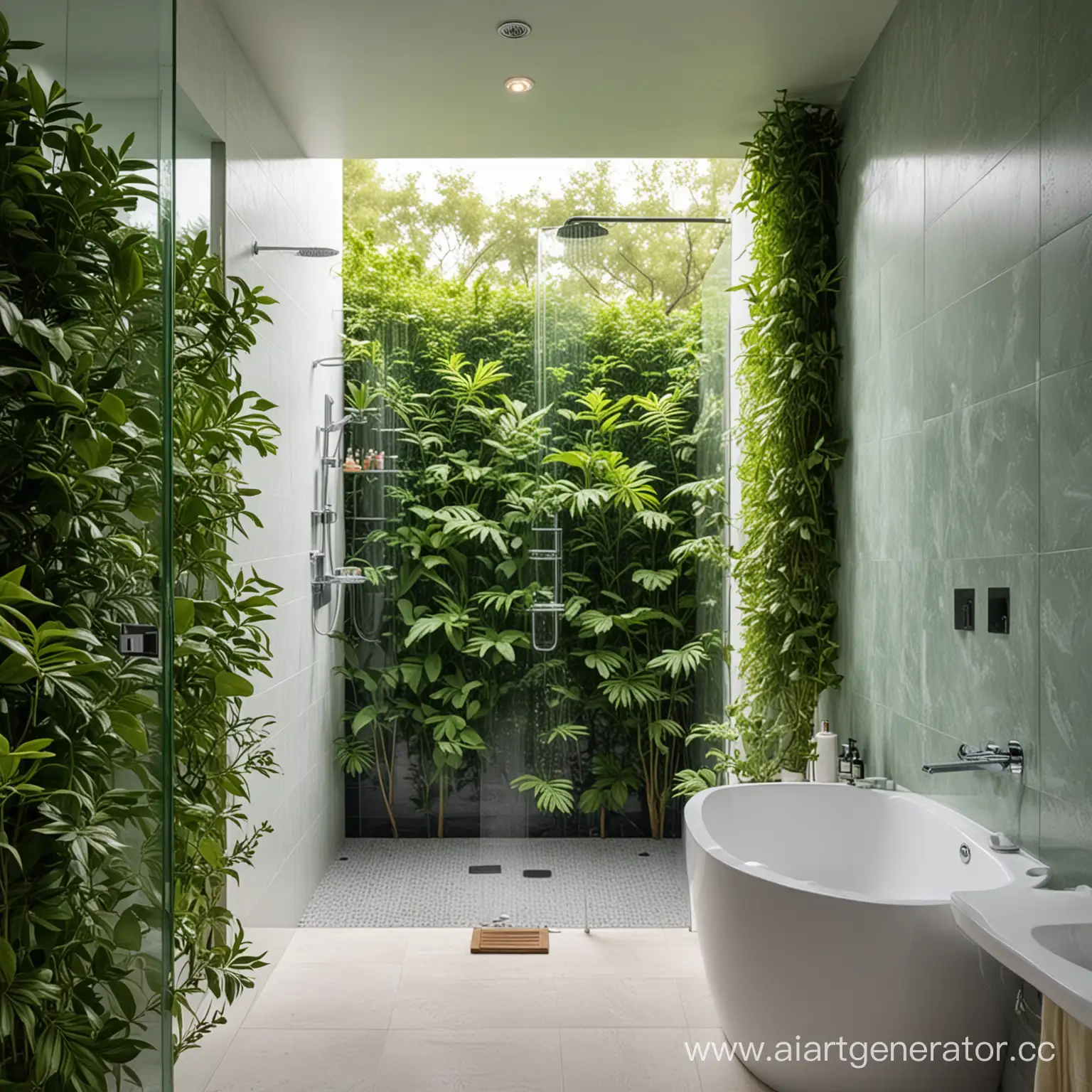 the shower room is in bright colors with greenery , the background is blurred, the greenery is clear 