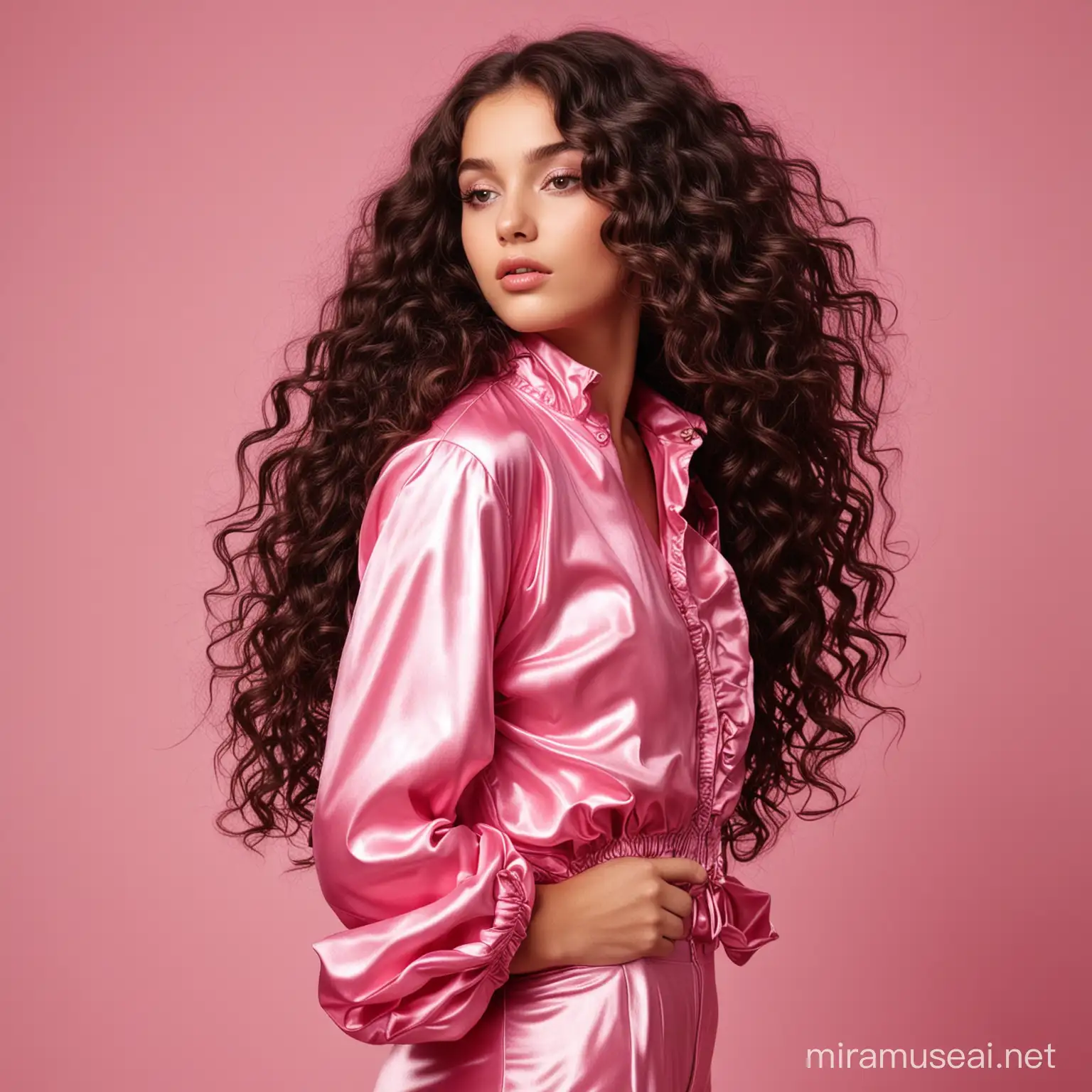 girl model looking sideways with long curly dark hair with pink shiny clothes