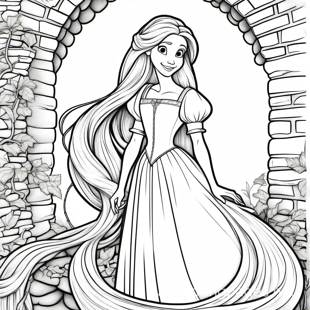 Rapunzel full image, Coloring Page, black and white, line art, white background, Simplicity, Ample White Space. The background of the coloring page is plain white to make it easy for young children to color within the lines. The outlines of all the subjects are easy to distinguish, making it simple for kids to color without too much difficulty