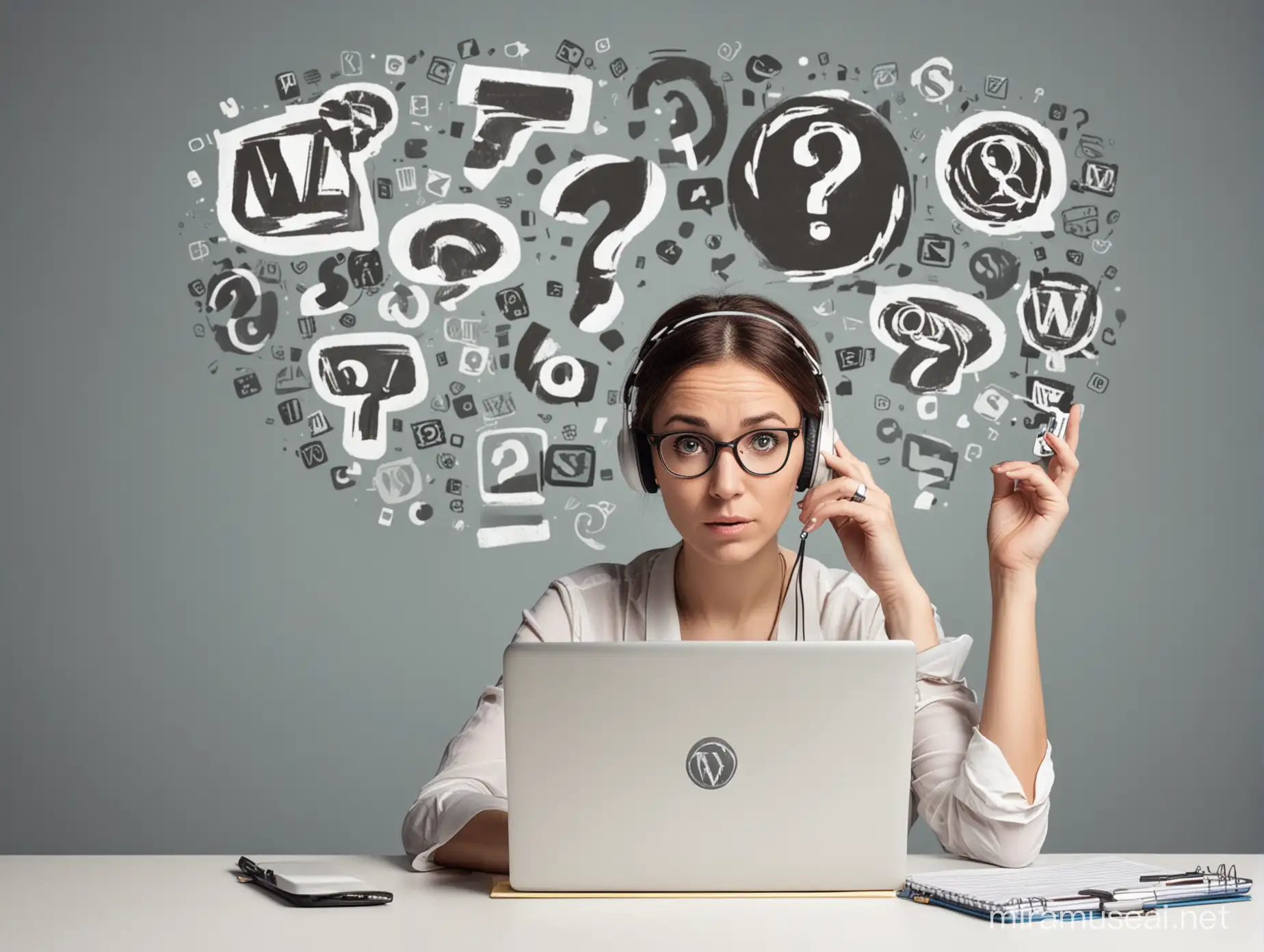 A woman is thinking with a question mark on her head and a WordPress logo that looks like a question mark, and a large computer next to her, a mobile phone, a tablet, a notepad and a pen with several WordPress logos and a banner with a WordPress logo on the wall.