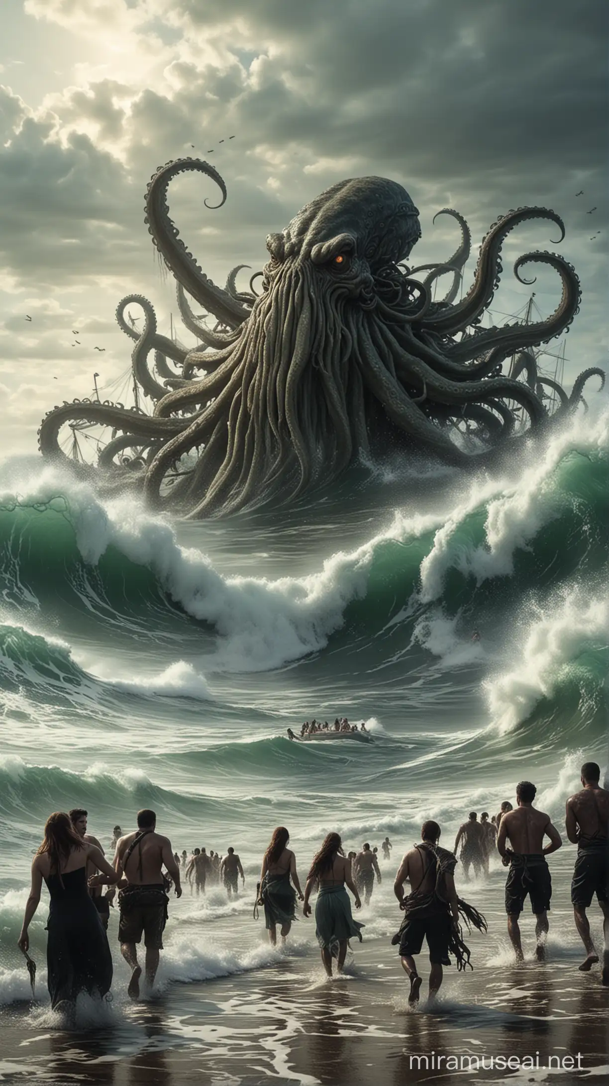 The kraken and many people ,the beach, people run and scare,waves