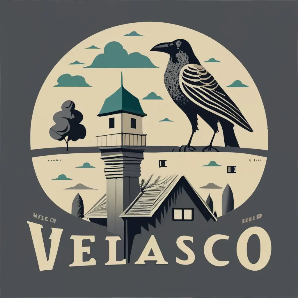logo, Crow on a village, with the text "VELASCO", typography