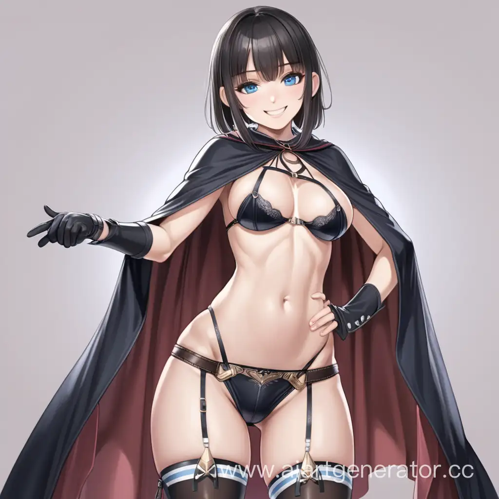  1girl, cape, braid, rating:questionable, garter straps, smile, solo, breasts, garter belt, thighhighs, blue eyes, cloak, small breasts, black cape, looking at viewer, navel, blunt bangs, blush, bangs, grin, underwear, panties, cowboy shot