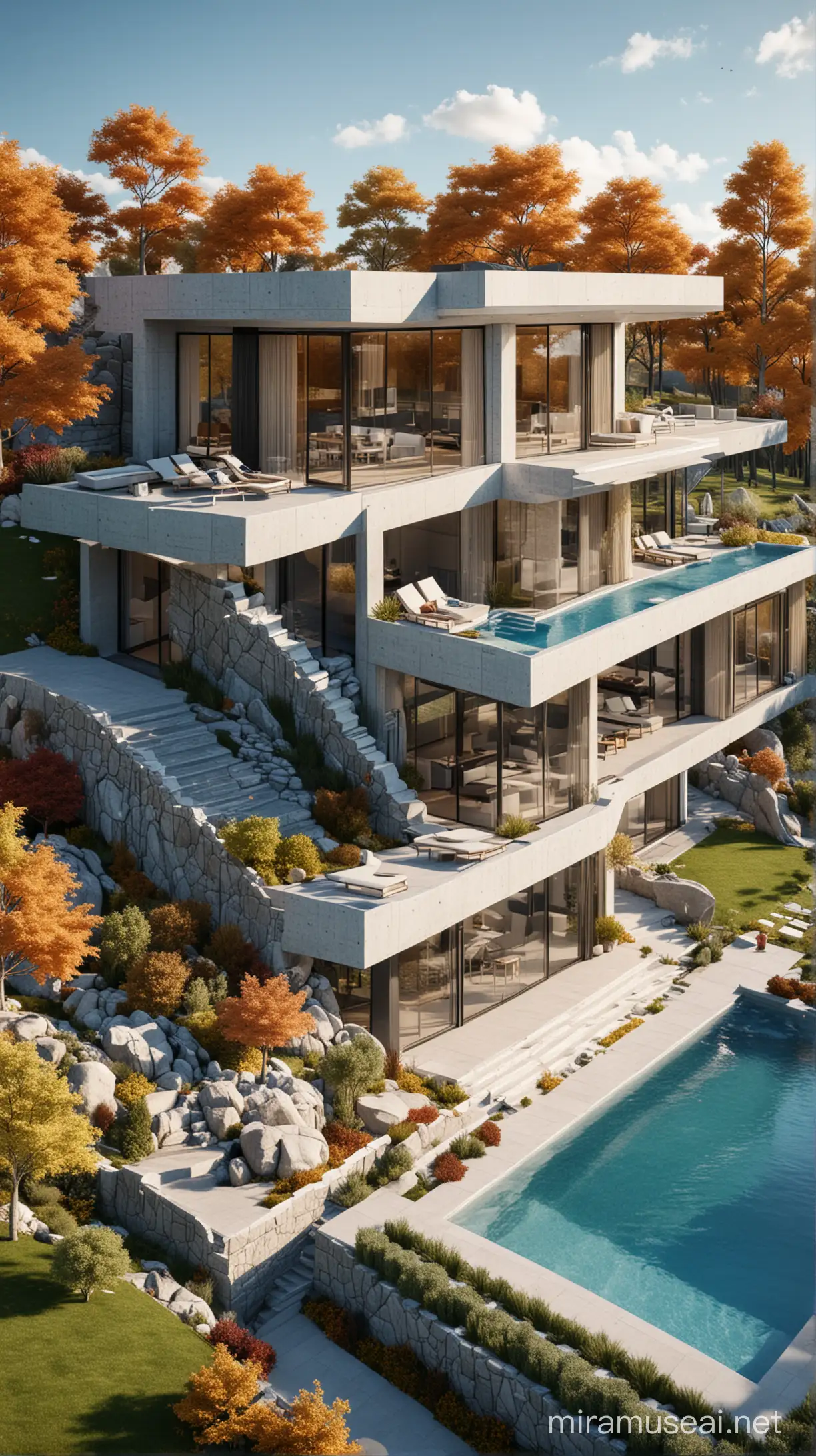 ultra modern architectural villa, wonderful design, landscape, fall, granite , pool, parking , fence , 3d elevation