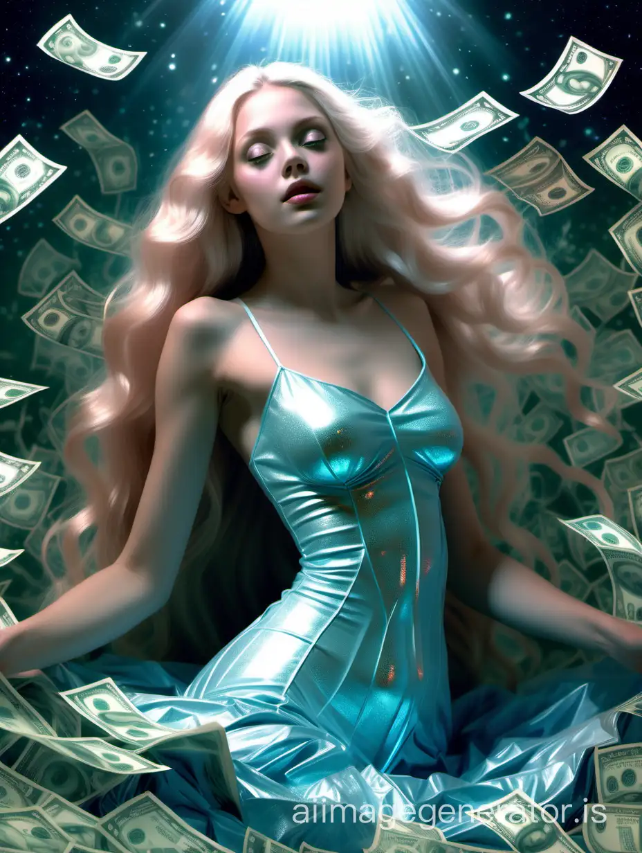 Enchanting-Goddess-in-a-Shimmering-Blue-Dress-Surrounded-by-Falling-Money