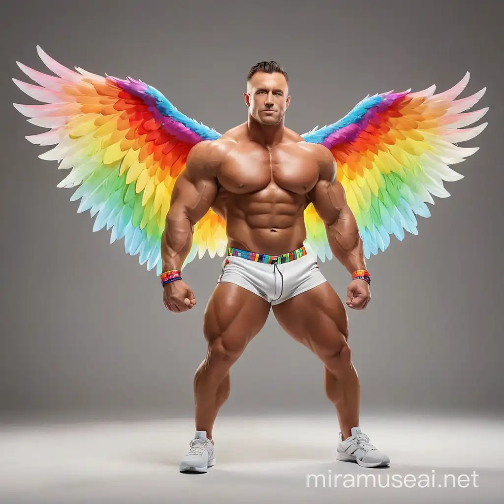 Muscular Bodybuilder Posing in Colorful LED Jacket with Eagle Wings