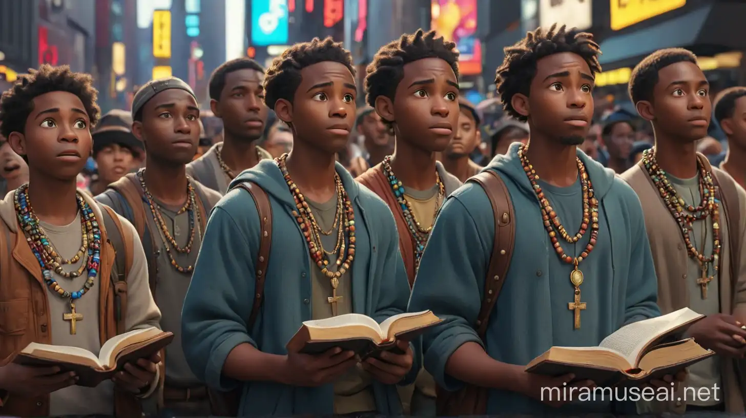 create an image of an a group of  African-American males with full beads reading aloud the bible as they stands on the sidewalk in Time Square to everyone that passes him by and  a few stop in front of him to listen. Illumination, Disney-Pixar style illustration 3-D animation, 4K