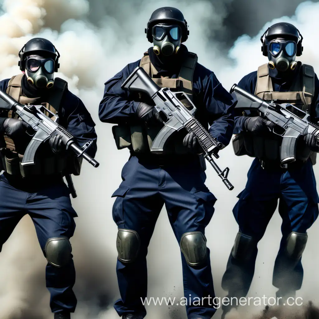 Три агента в военном обмундировании и в касках и противогазах (Первый с дробовиком VEPR-12, Второй с штурмовой винтовкой, Третий с пистолетом пулемётом)