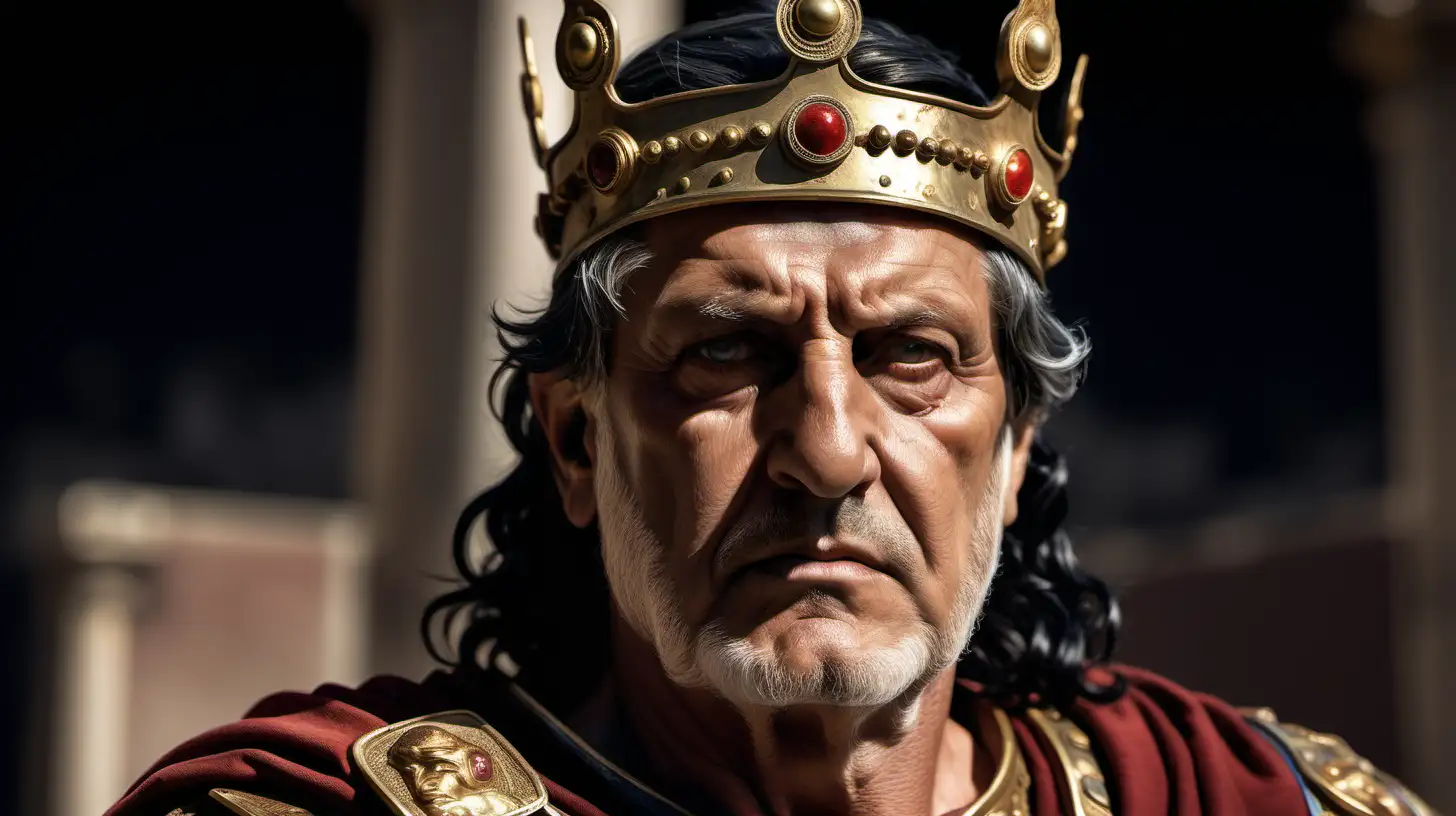 Mature man, not old. Emperor of Rome, veteran with many battle decorations. His cold face and sharp gaze, creates terror among enemies. The face, although it bears traces of older wounds, is neat and bright. Strong shoulders can be seen under the subarmalis. The rich black hair matches the olive eyes and tanned facial skin. An imposing character to whom it behooves you to show respect. King of Rome!