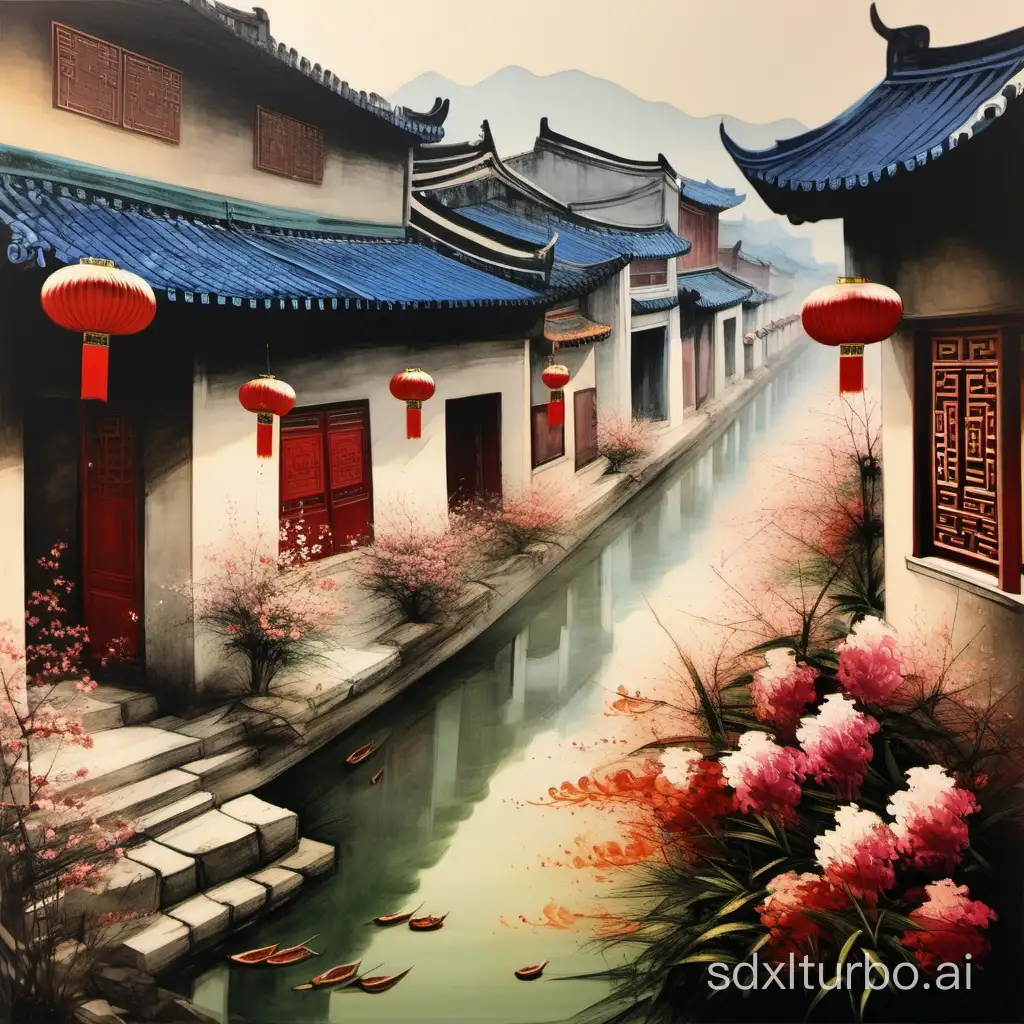 a painting of flowers blooming along the long path in Chinese ancient water town