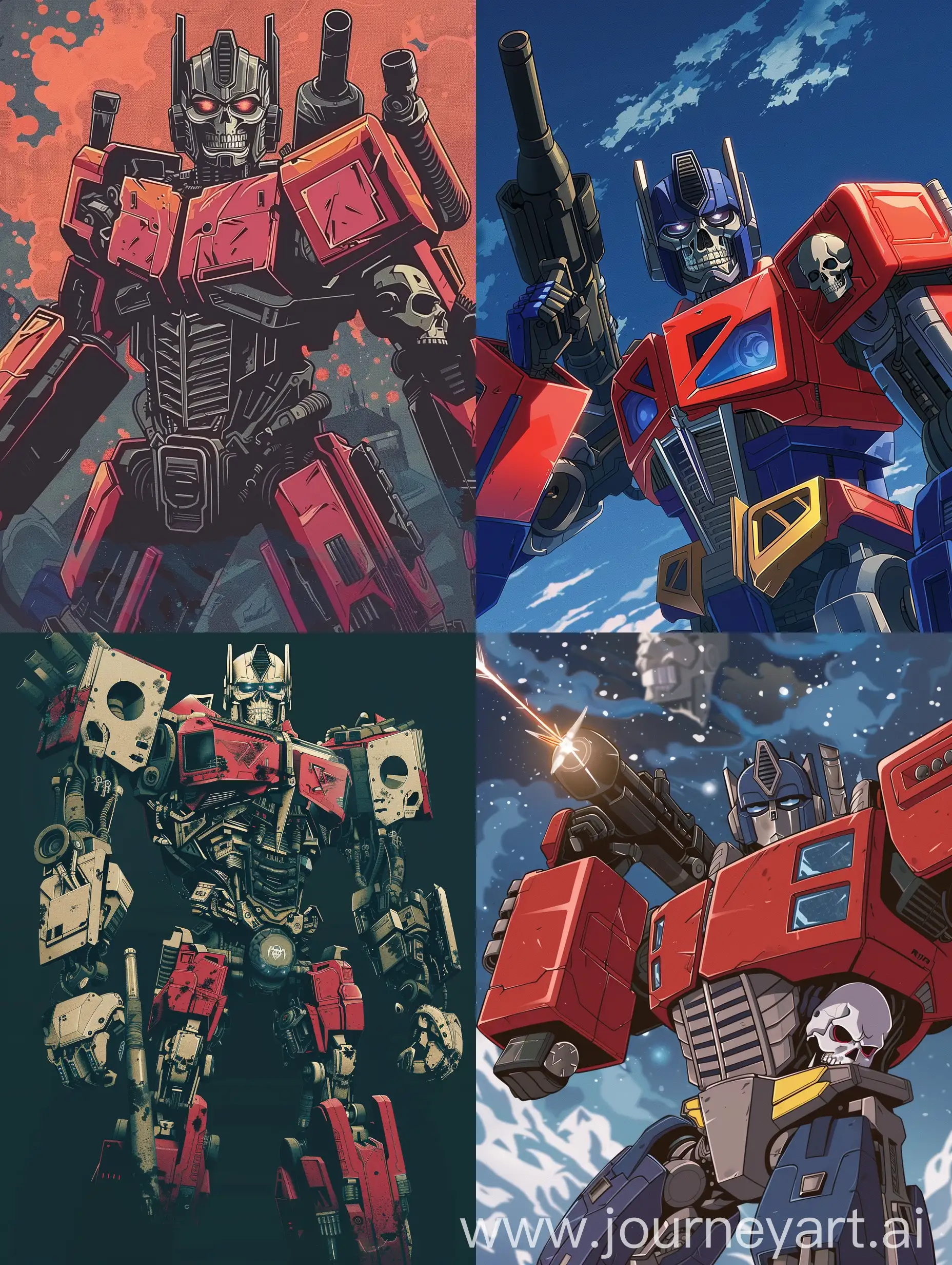Optimus prime, with human skull, giant arm cannon, anime style 