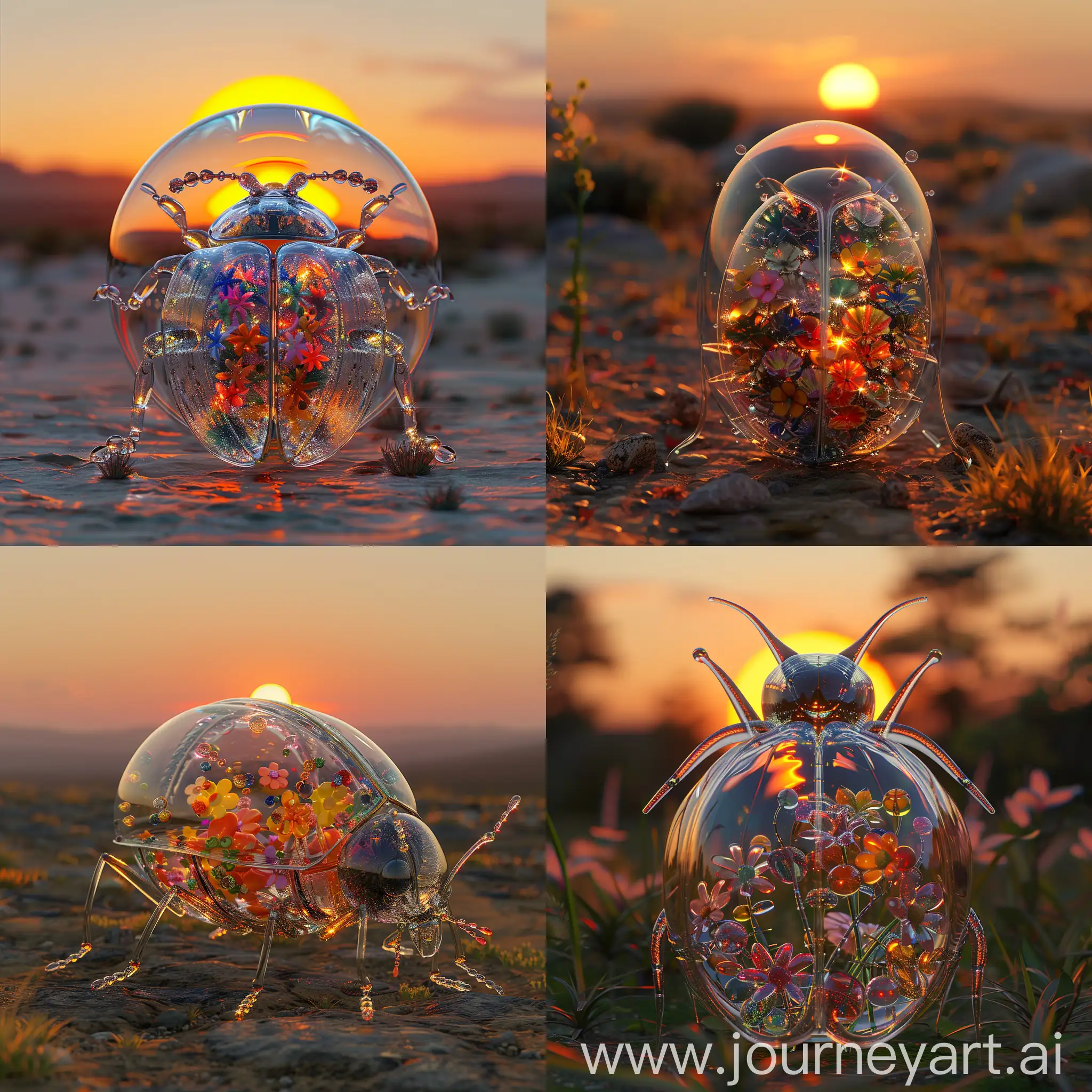 In the center of the scene, a very detailed hollow glass insect beetle made entirely of shiny, thin transparent glass . Inside the beetle, we can see mini multicolored flowers. The orange setting sun illuminates the beetle. Scene expressing tranquility and an Asian Zen atmosphere. hyperrealistic, 3D,  8K HDR, high resolution.