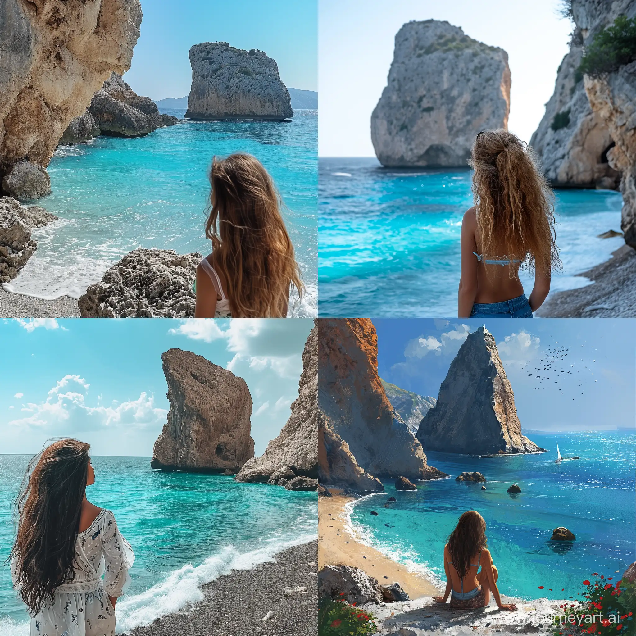 Girl-Admiring-Zhumbaktas-Rock-by-the-Blue-Bay-Shore