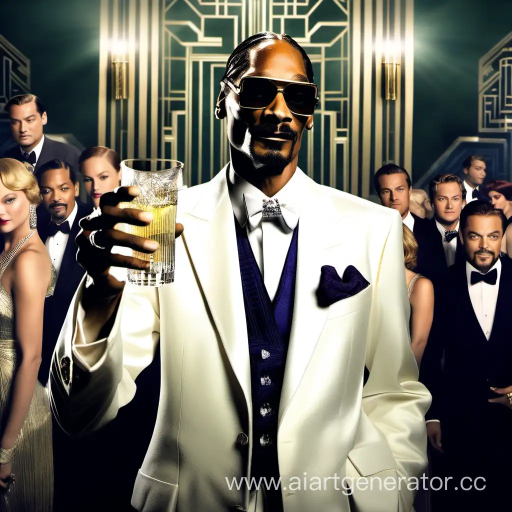 Rapper Snoop Dogg, like Leonardo DiCaprio in the movie the great Gatsby, stands in a suit and holds out a glass